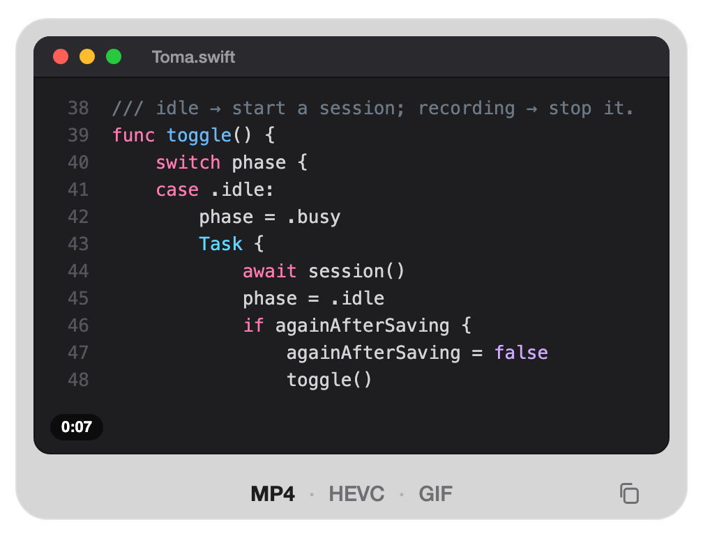 The Toma thumbnail: a code clip with its 0:07 duration and the MP4, HEVC and GIF formats with a copy button.